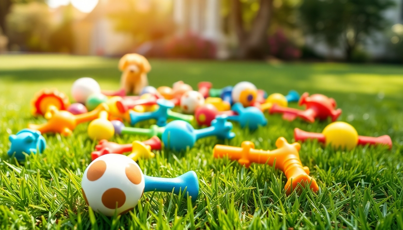 Different pet toys designed for fun and engagement, including chew toys and plush items, showcased in an outdoor setting.