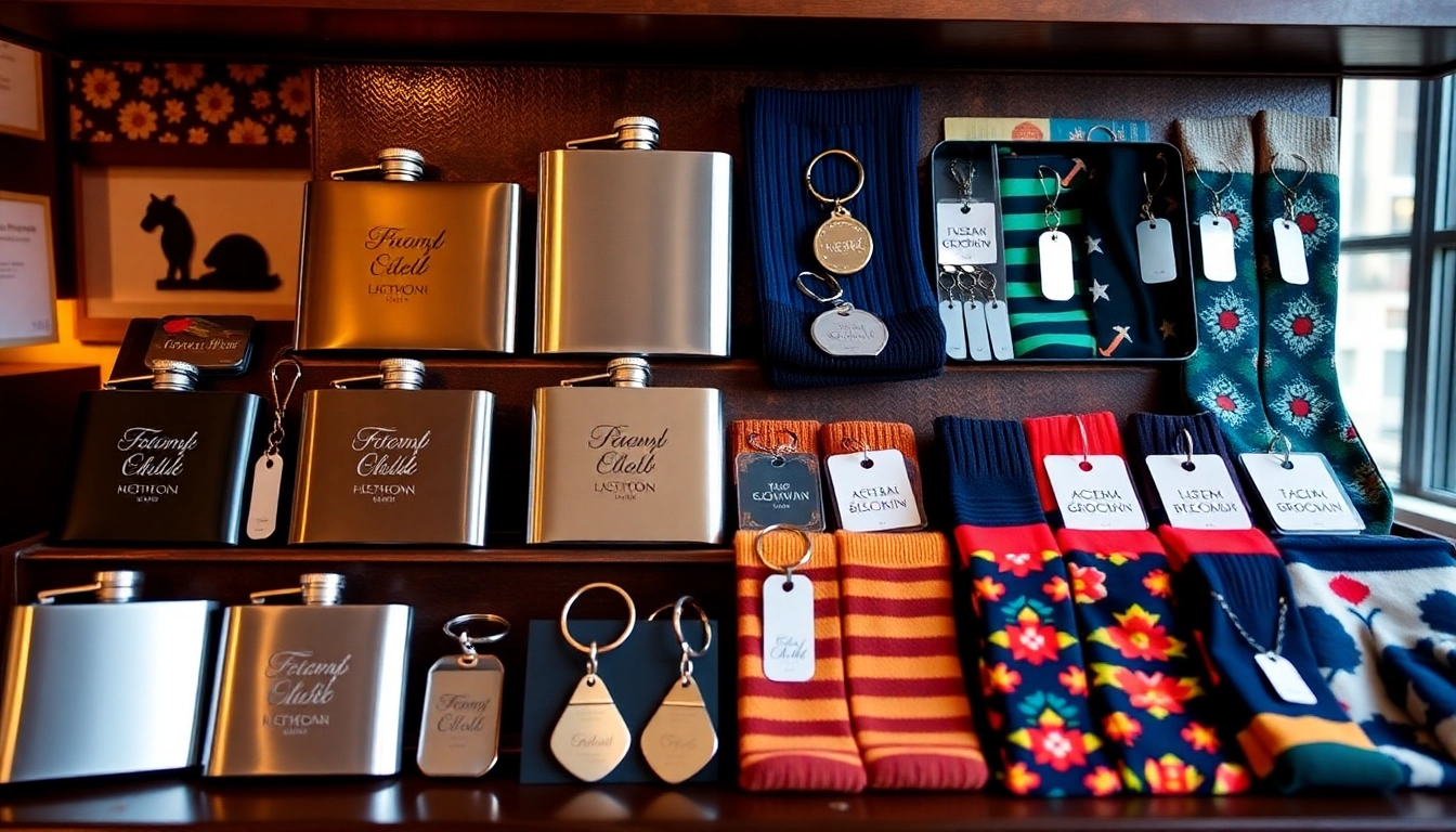 Showcasing cheap groomsmen gifts like personalized flasks and keychains attractively arranged for a wedding party.