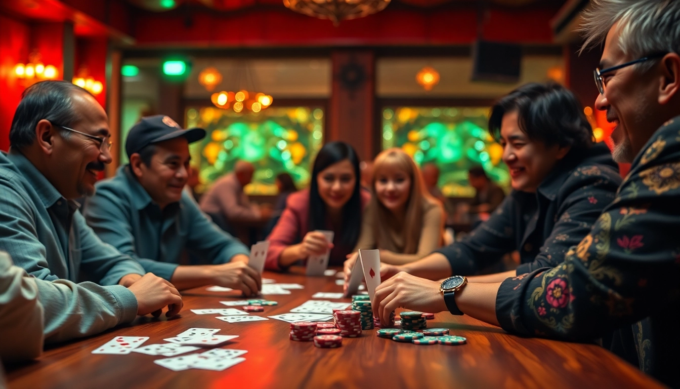 Engaged players enjoying a rummy wealth game with vibrant cards and colorful chips.