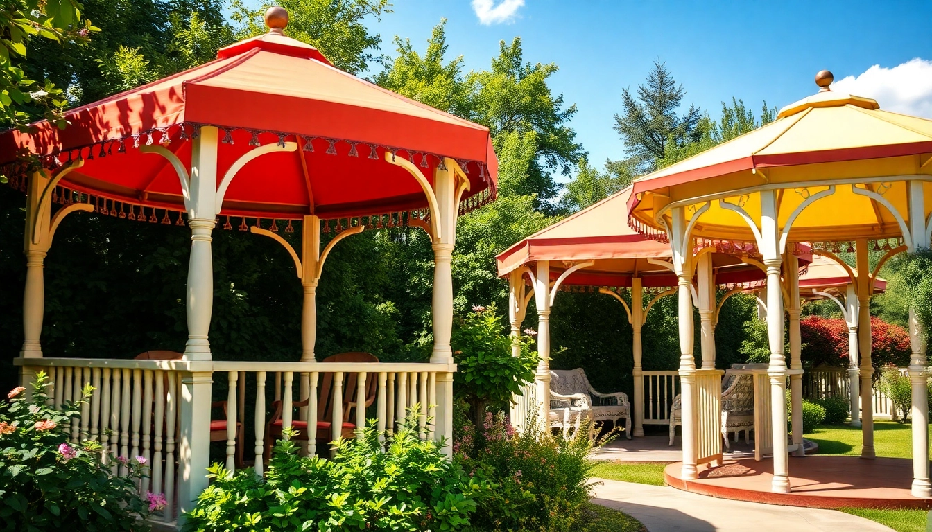 Explore various gazebos in a colorful garden setting in Ireland, showcasing unique designs and vibrant styles.