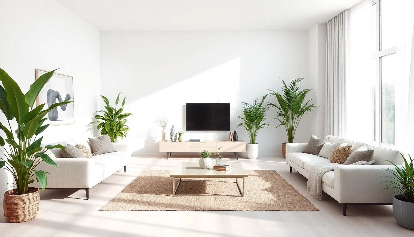 Bright and inviting entire interior with a modern minimalist design and vibrant plants.