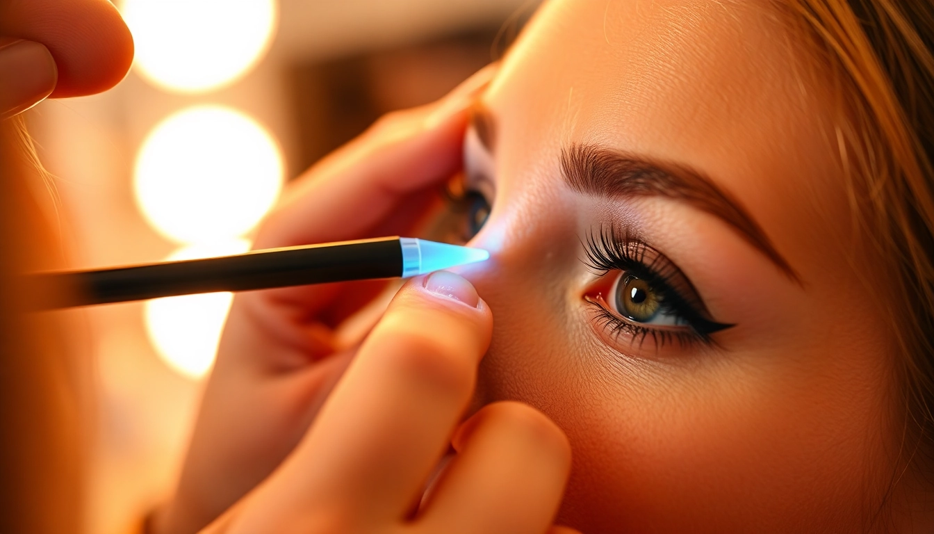 Enhance your look with eyelash tint application, showcasing professional skill and a vibrant eye effect.