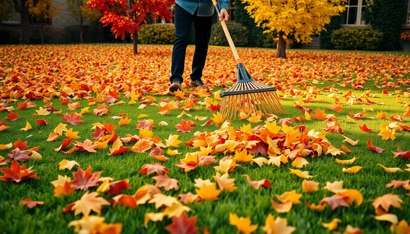 Professional gardener performing a Fall clean up by raking colorful leaves in a well-maintained yard.