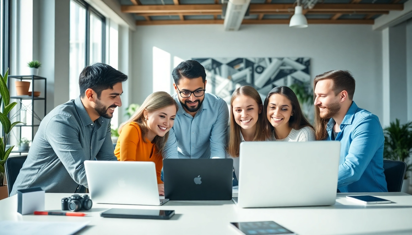 Outsourcing team collaborating in a modern workspace, showcasing teamwork and technology.