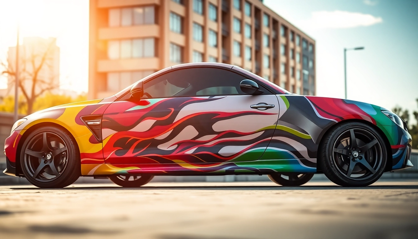 Admire this vibrant vehicle showcasing professional car wraps with stunning graphics and textures in an urban environment.