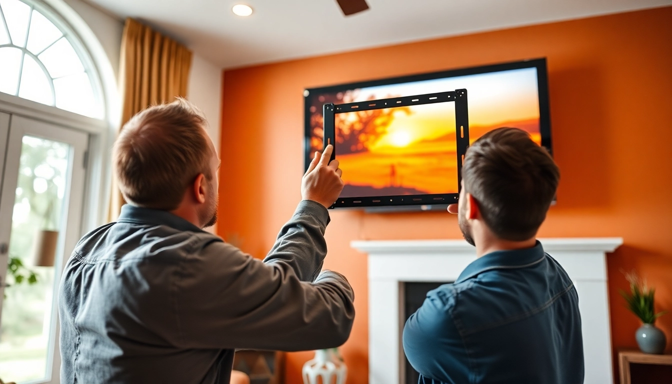 Professional performing a TV mounting installation service, ensuring precise placement and secure mounting of a flat-screen TV.