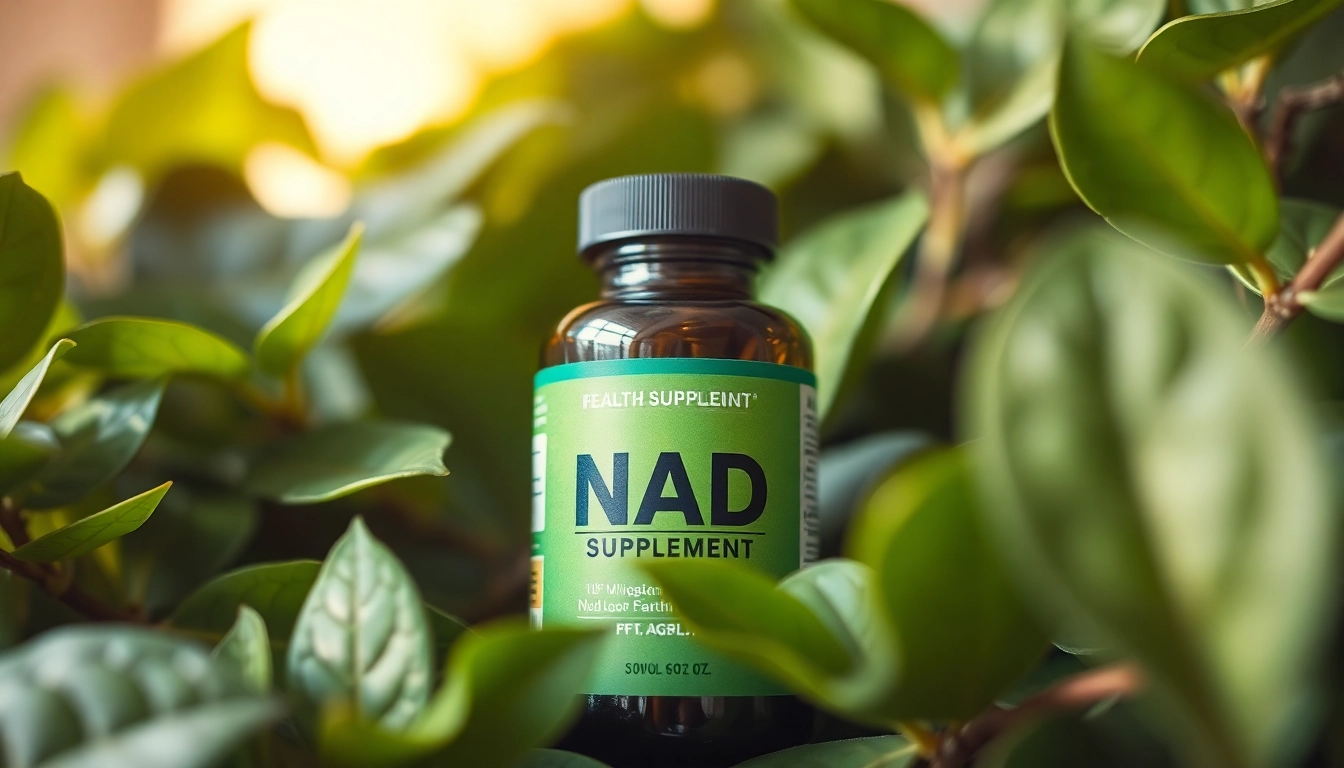 Enhance your wellness with a vibrant NAD Supplement bottle amidst fresh greenery.