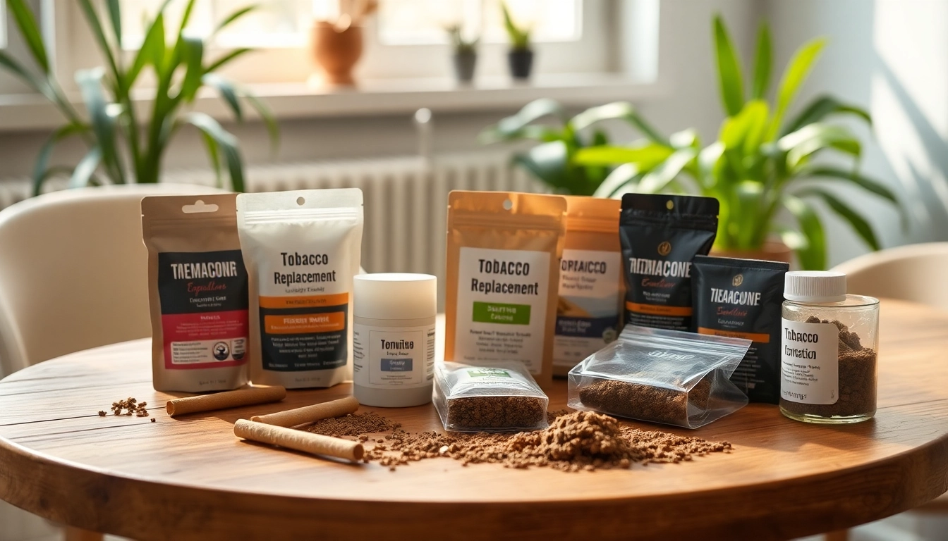 Tobacco Replacement products displayed elegantly on a wooden table, showcasing their natural benefits.