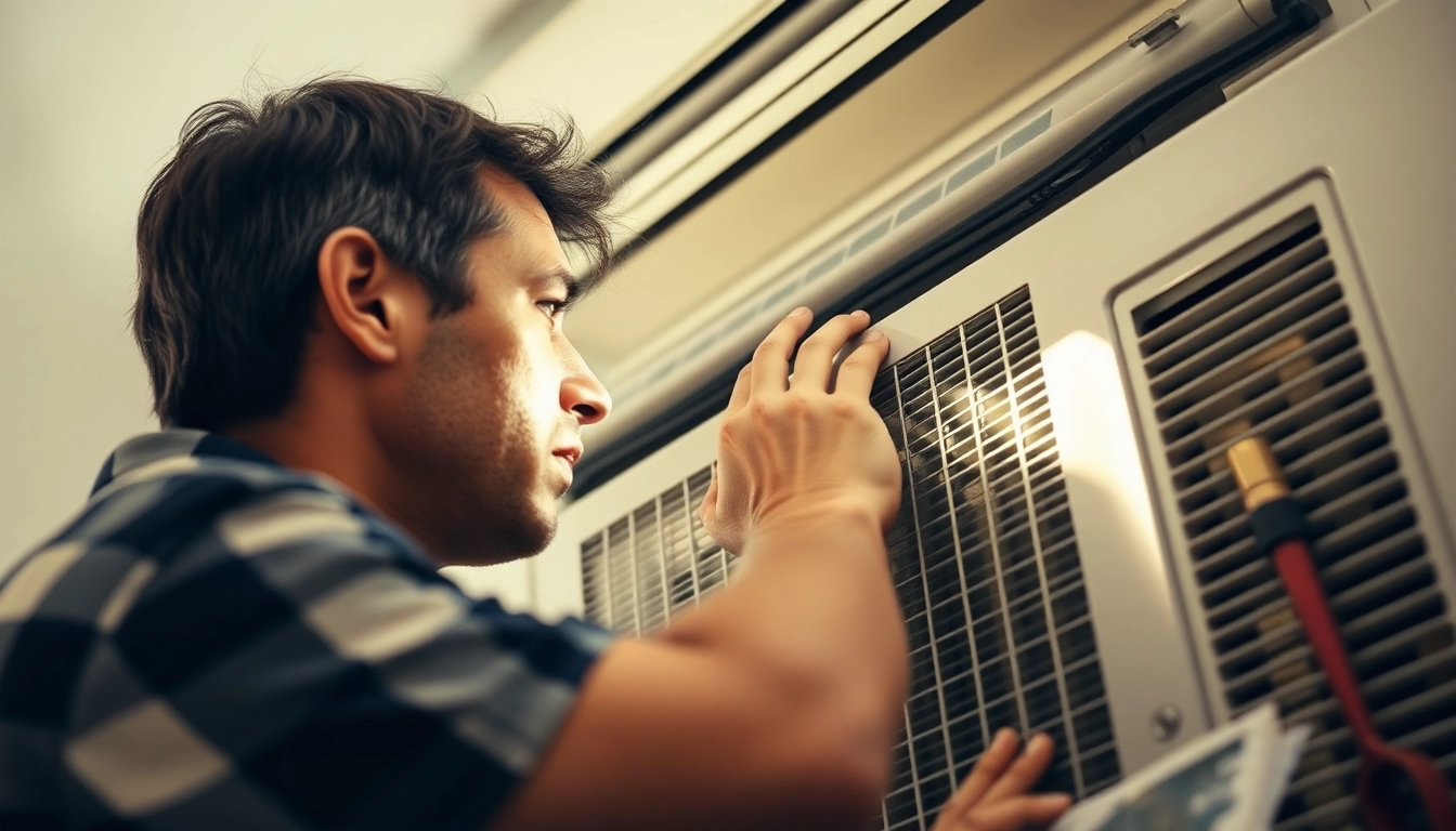 The homeowner examines a central air conditioner that is not blowing cold air, showcasing repair features with attention to details.