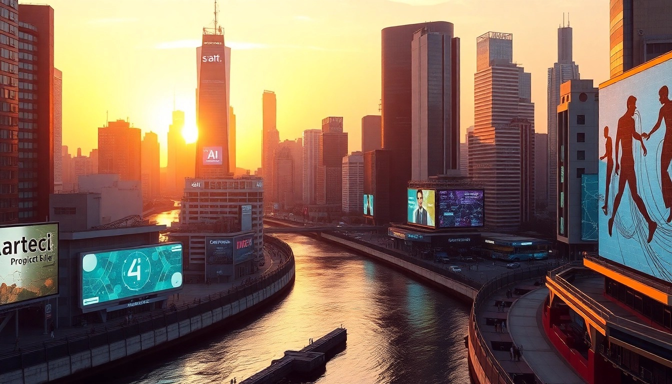 Visualize the impact of AI search technologies on urban landscapes with digital interfaces in a futuristic city.