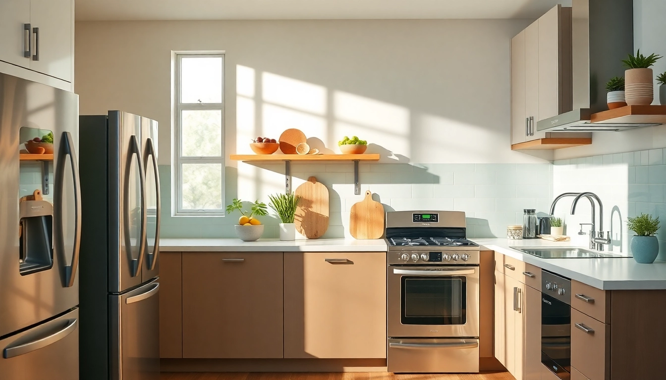 Showcase affordable kitchen appliances in a modern kitchen with stainless steel finishes and fresh produce.