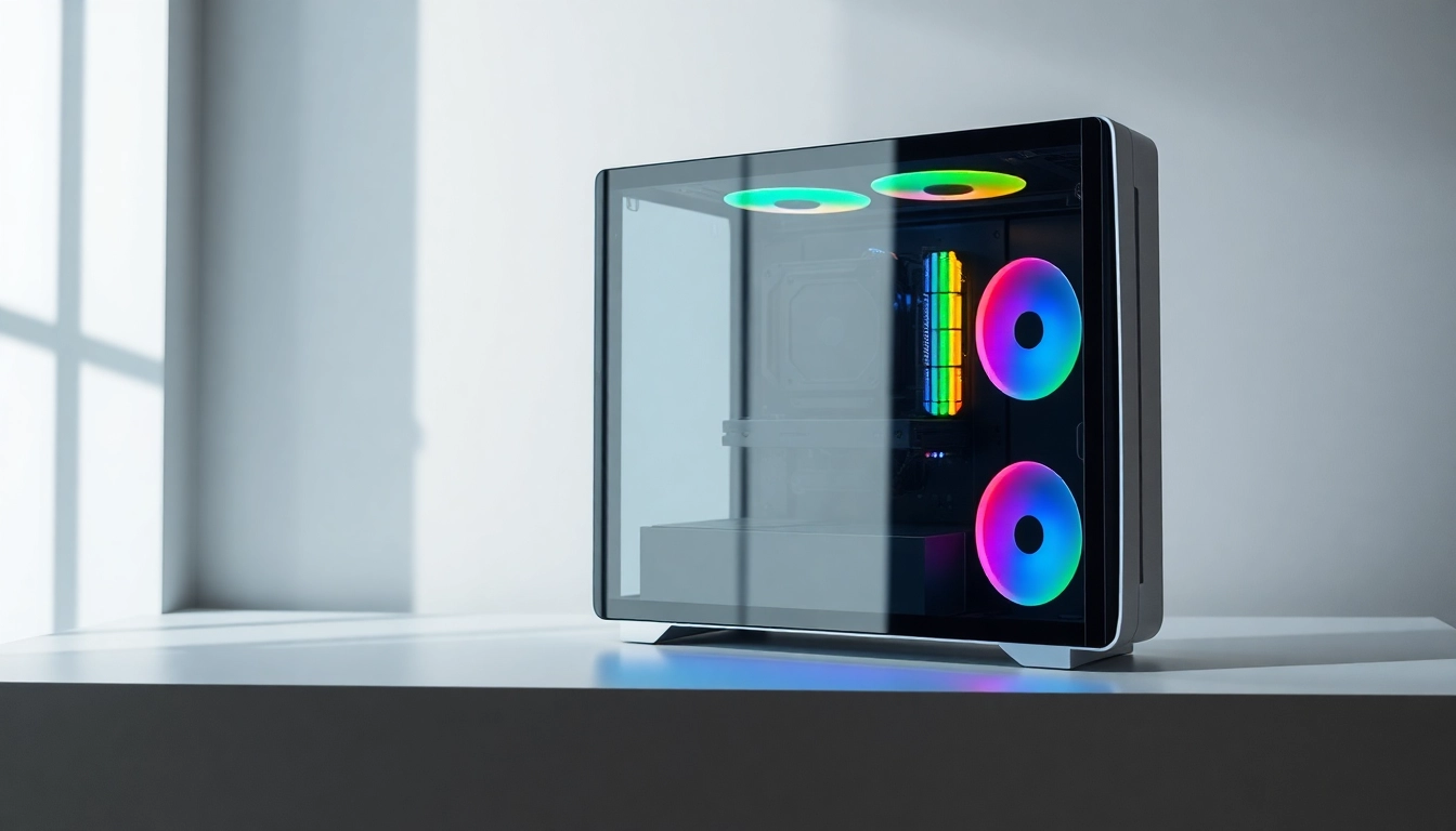 Showcase of a high-end PC CASE Manufacturer's sleek gaming case with RGB lighting and tempered glass.