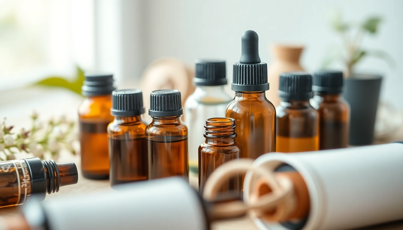 Apply essential oil from elegant glass bottles surrounded by herbs and flowers.