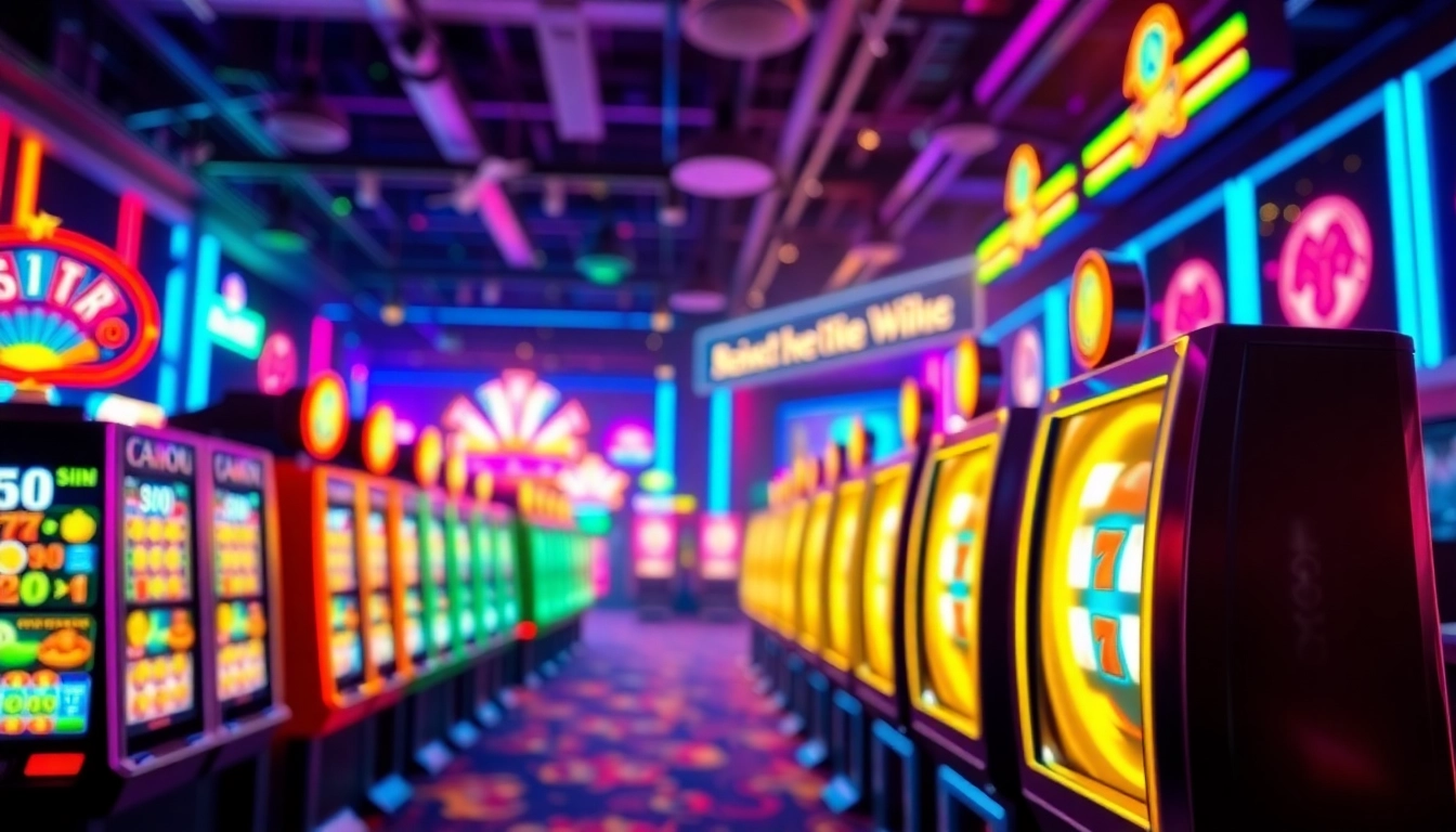 Engage with free spins on vibrant slot machines, showcasing colorful reels and casino excitement.