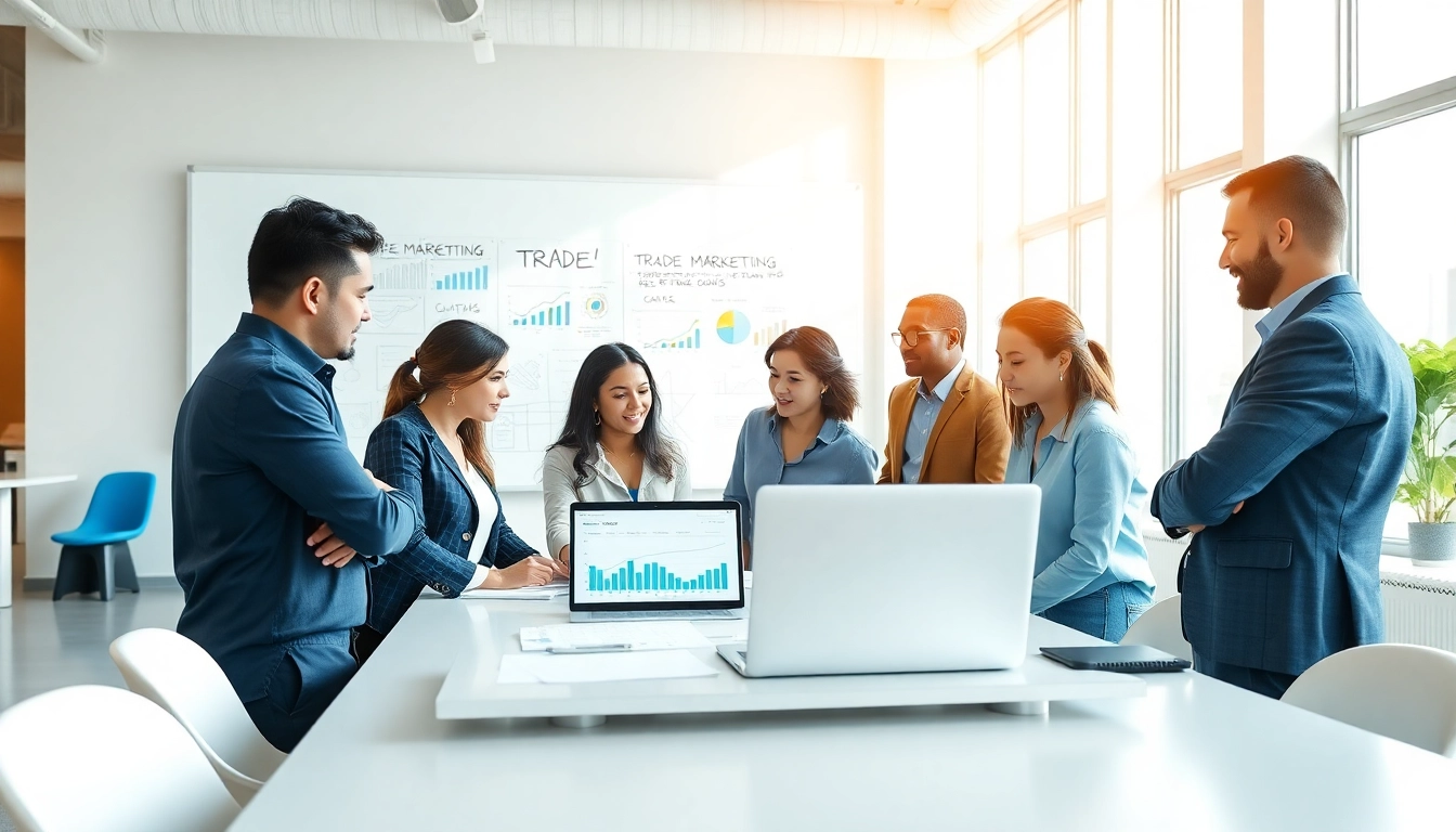 Engaging team discussion on trade marketing strategies in a bright office