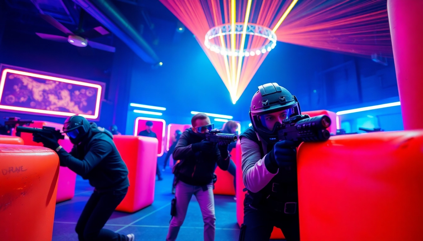 Players engaged in a thrilling laser tag battle in a vibrant neon-lit arena.