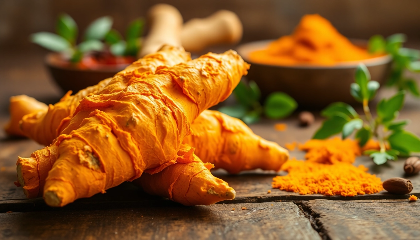 Highlighting Turmeric Root with vibrant colors and rich textures in a rustic setting.