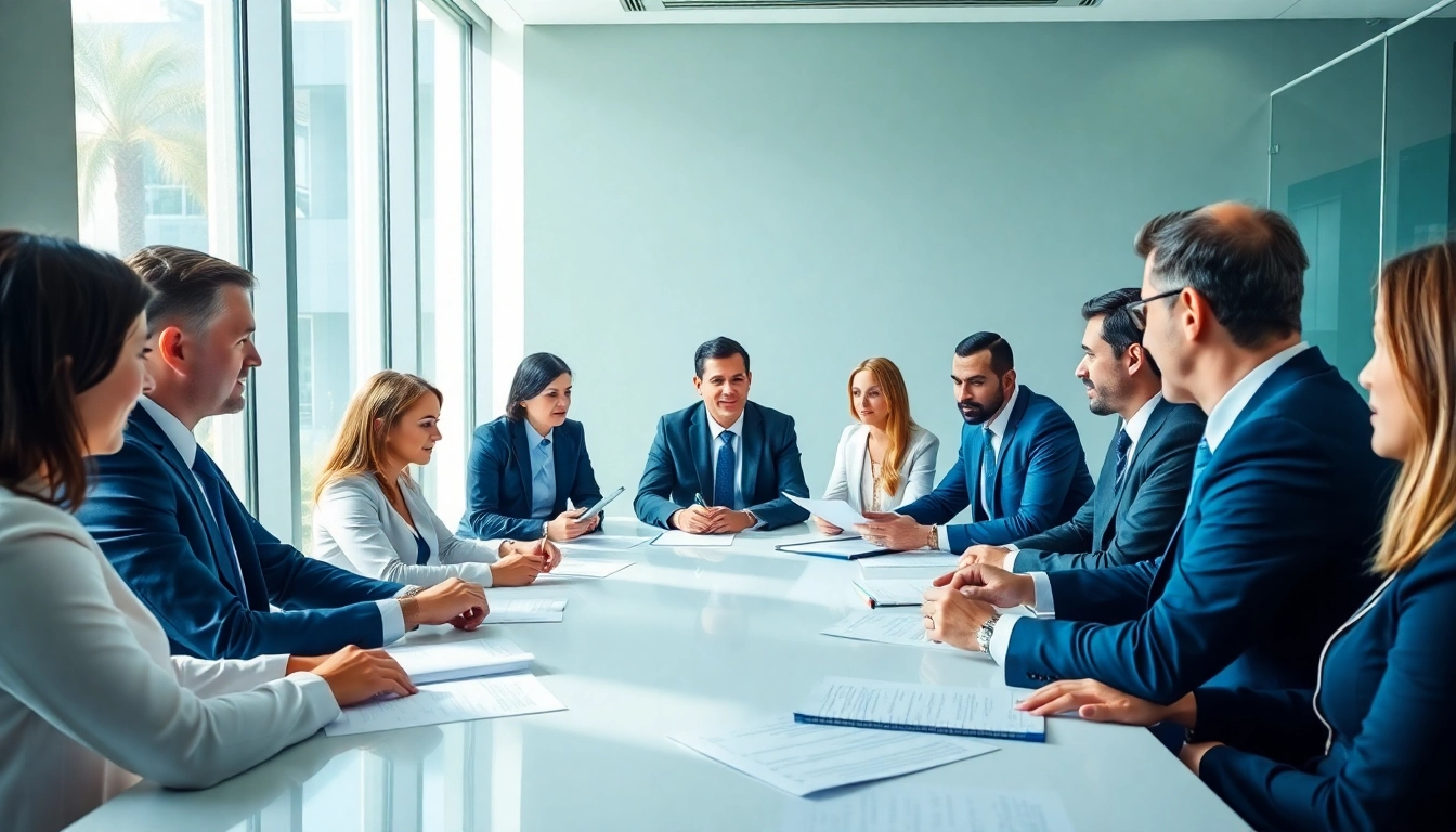 Discussing trademark registration in Dubai with legal experts around a conference table.