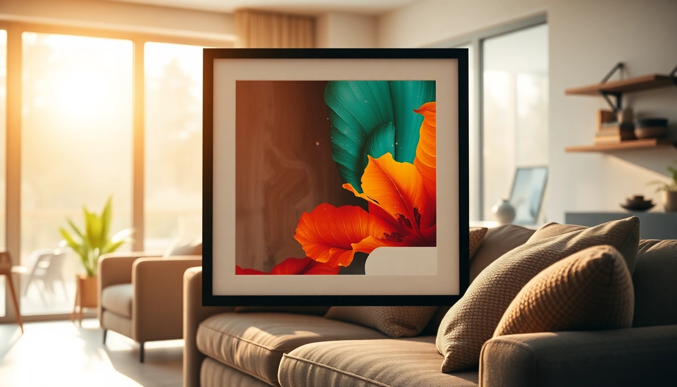 Showcasing a 36x48 frame elegantly displaying vibrant artwork in a modern living room.