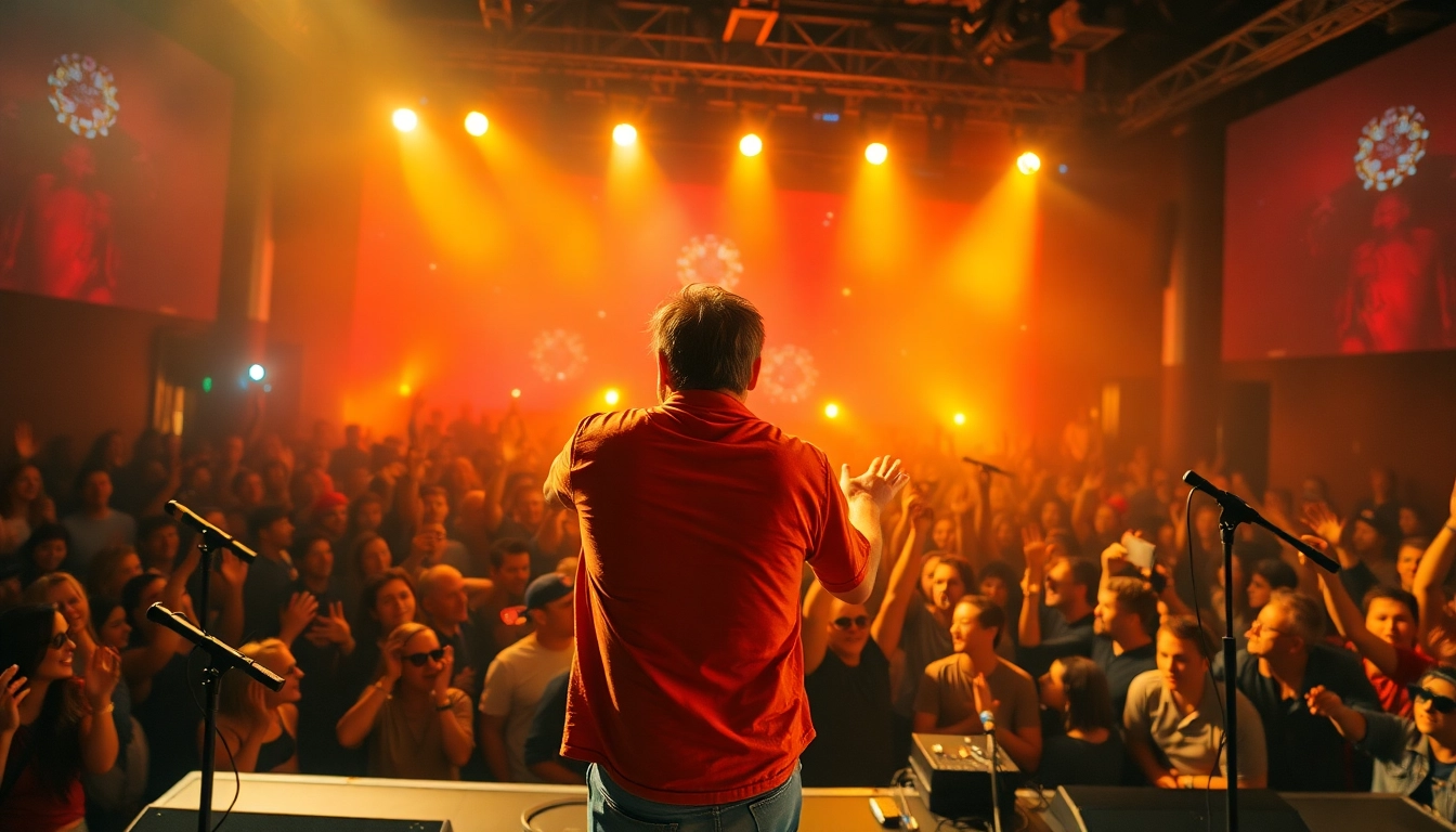 Artist embodying relatable themes on stage, engaging with a vibrant crowd at a concert.