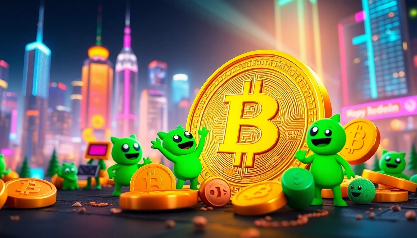 Engaging scene showcasing the lindy meme coin amid vibrant cryptocurrency characters and a lively marketplace.