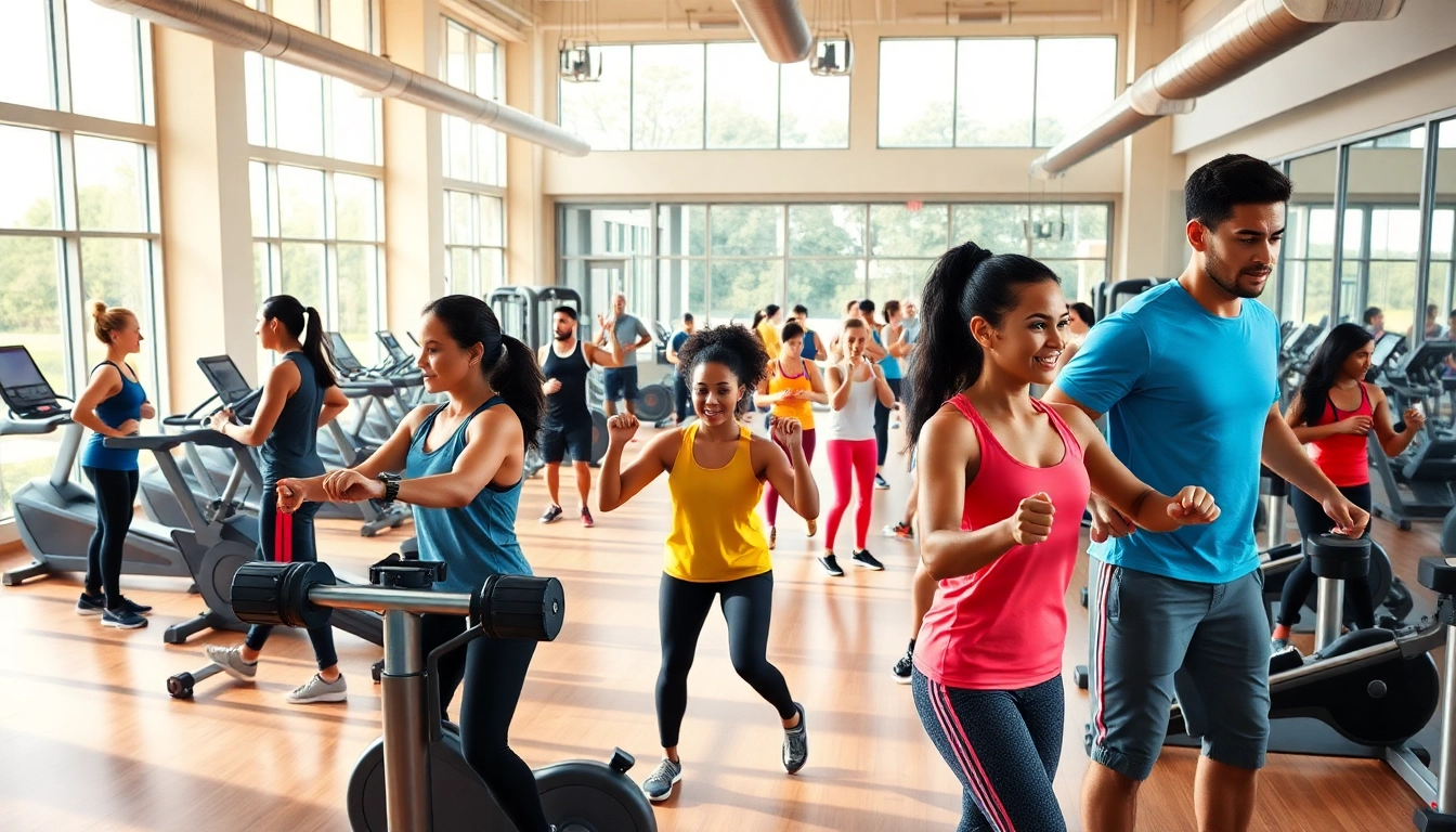 Find the best gym near me with diverse individuals exercising in an energetic atmosphere.