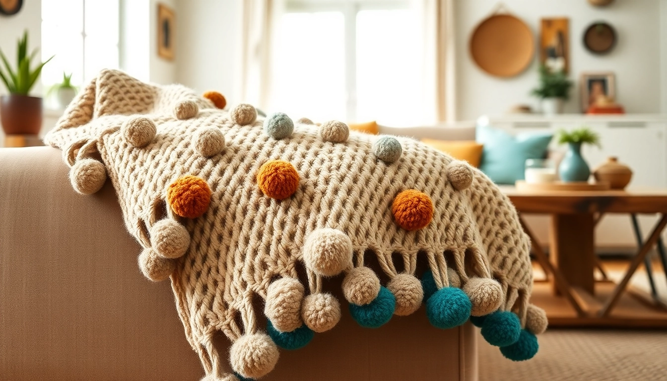 Cozy Moroccan pompom blanket on a couch from https://labboho.com/collections/pompom-blanket, adding warmth and style.