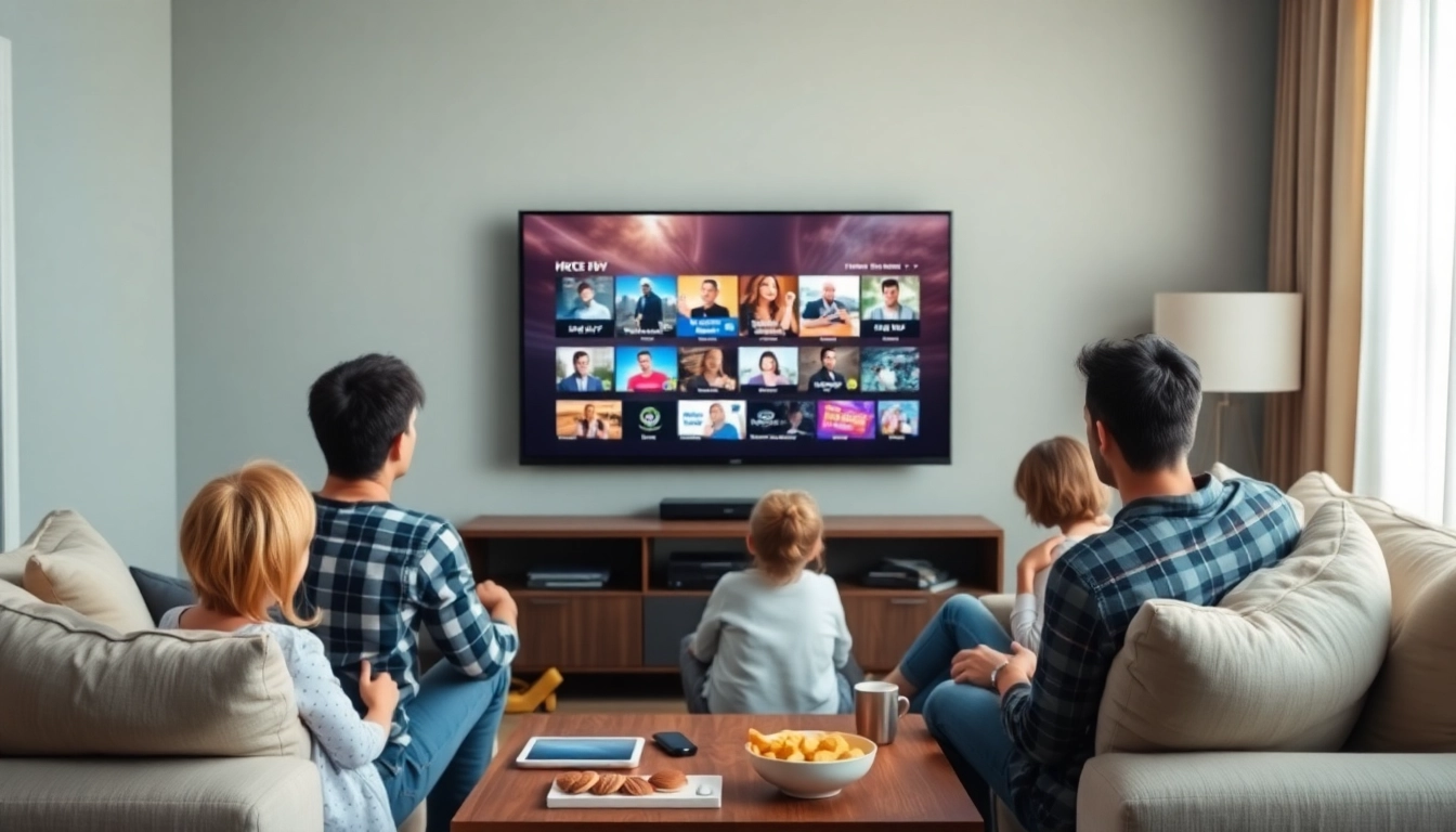 Enjoying IPTV Subscription USA with a family in a modern living room.