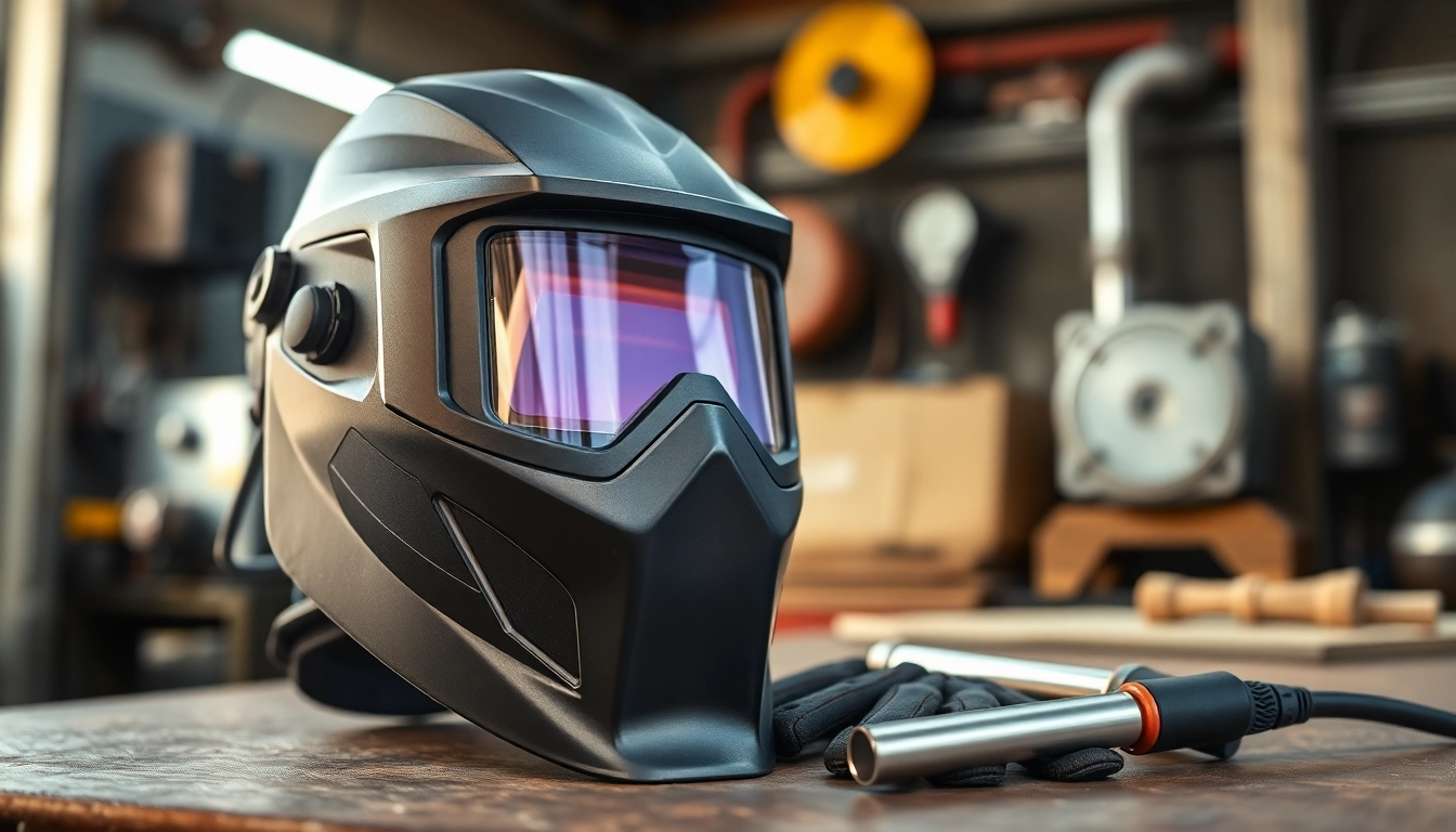 Welding mask showcasing auto-darkening features on a workbench with welding tools.