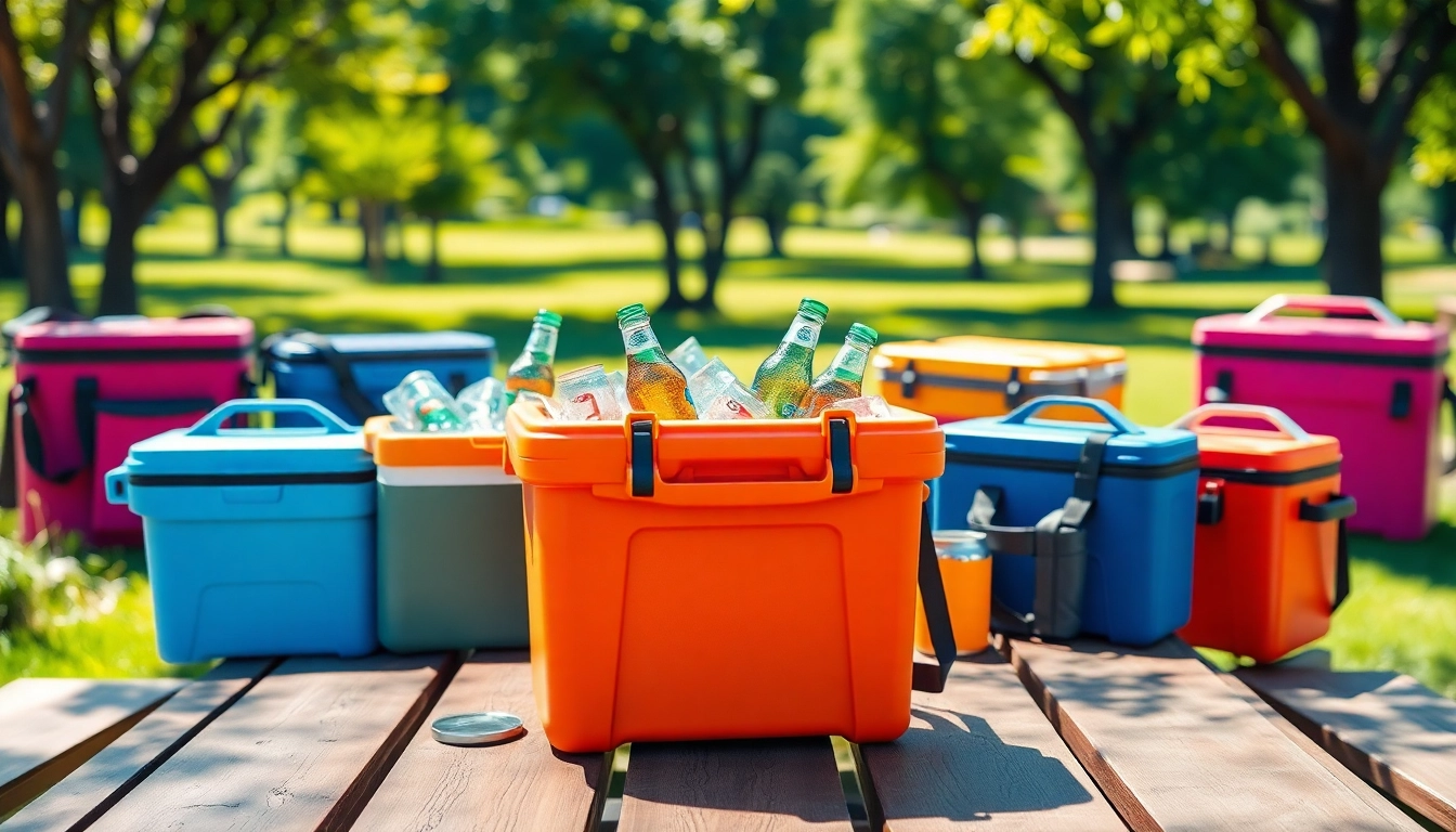 Showcase of cooler alternatives with a vibrant insulated cooler prominently displayed on a picnic table.