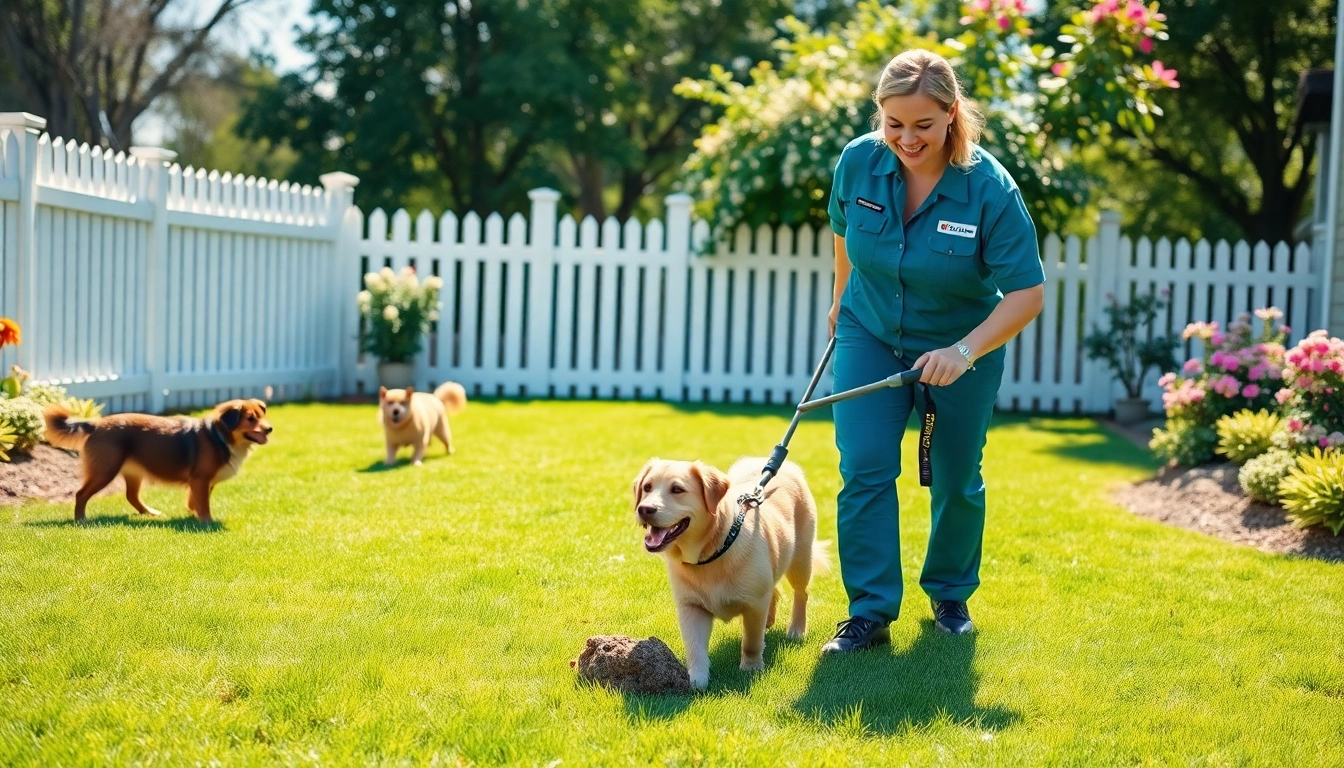 Dog clean up service technician happily cleaning a yard, ensuring a fresh and safe environment.