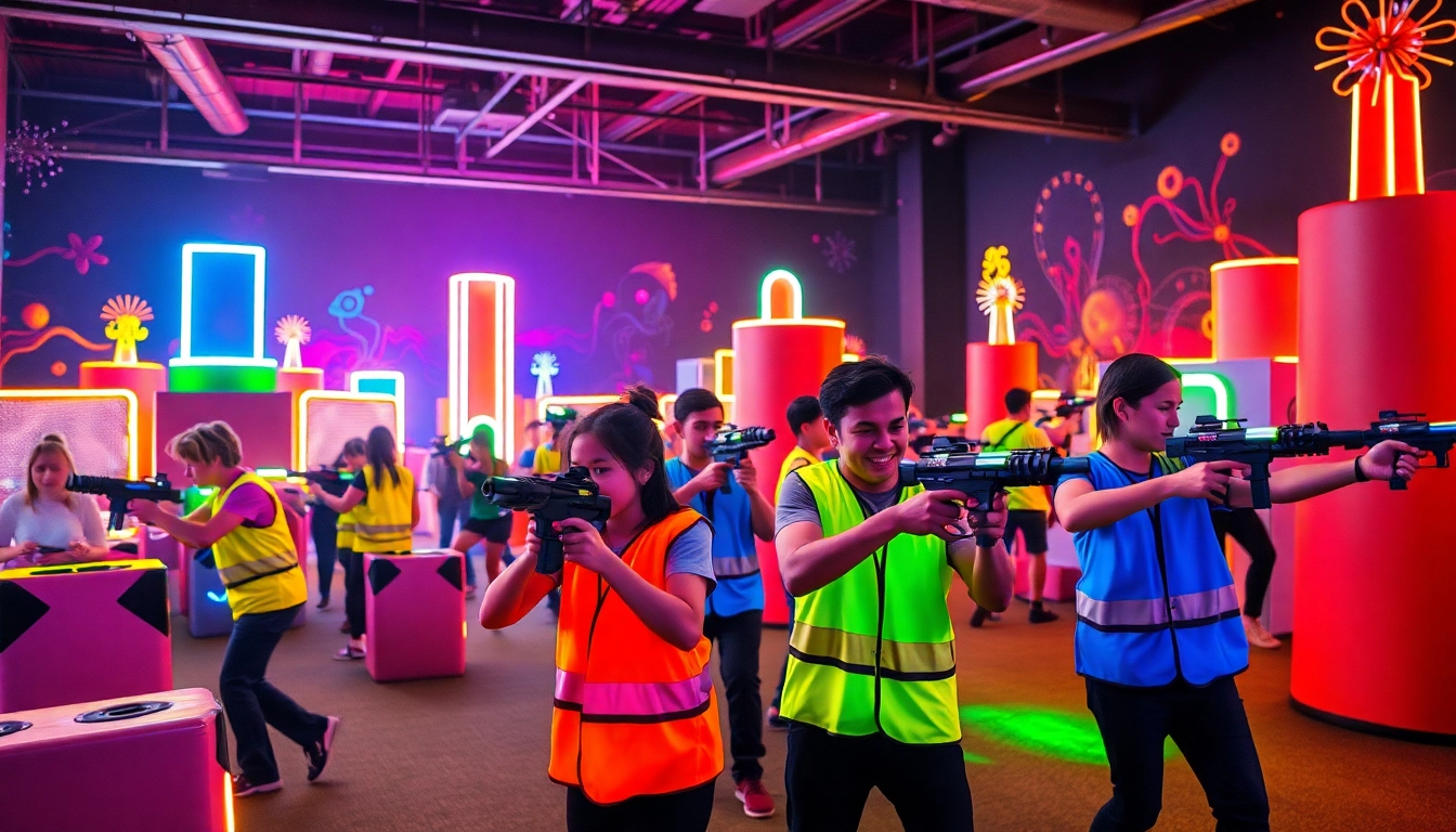 Participants engaging in an exciting laser tag match in a vibrant arena with neon lighting.