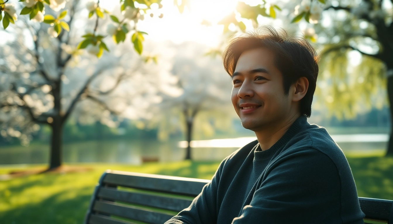 Person reflecting on loss while dealing with grief in a tranquil park setting.
