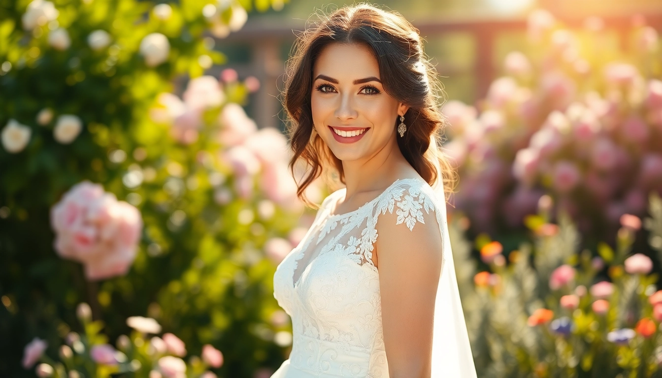 Model showcasing Lace Wedding Dresses in a serene garden setting, highlighting intricate lace details.