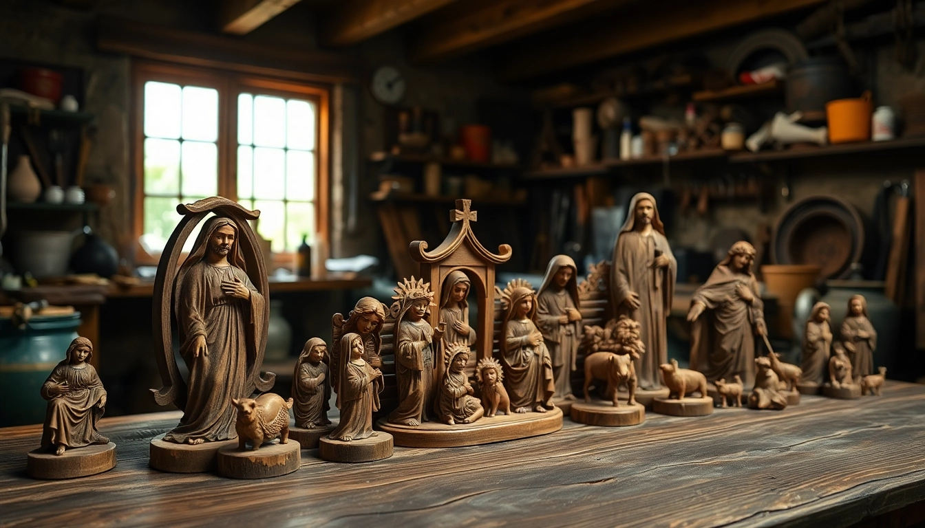 Olive wood carvings of religious figures beautifully showcased on a rustic table.