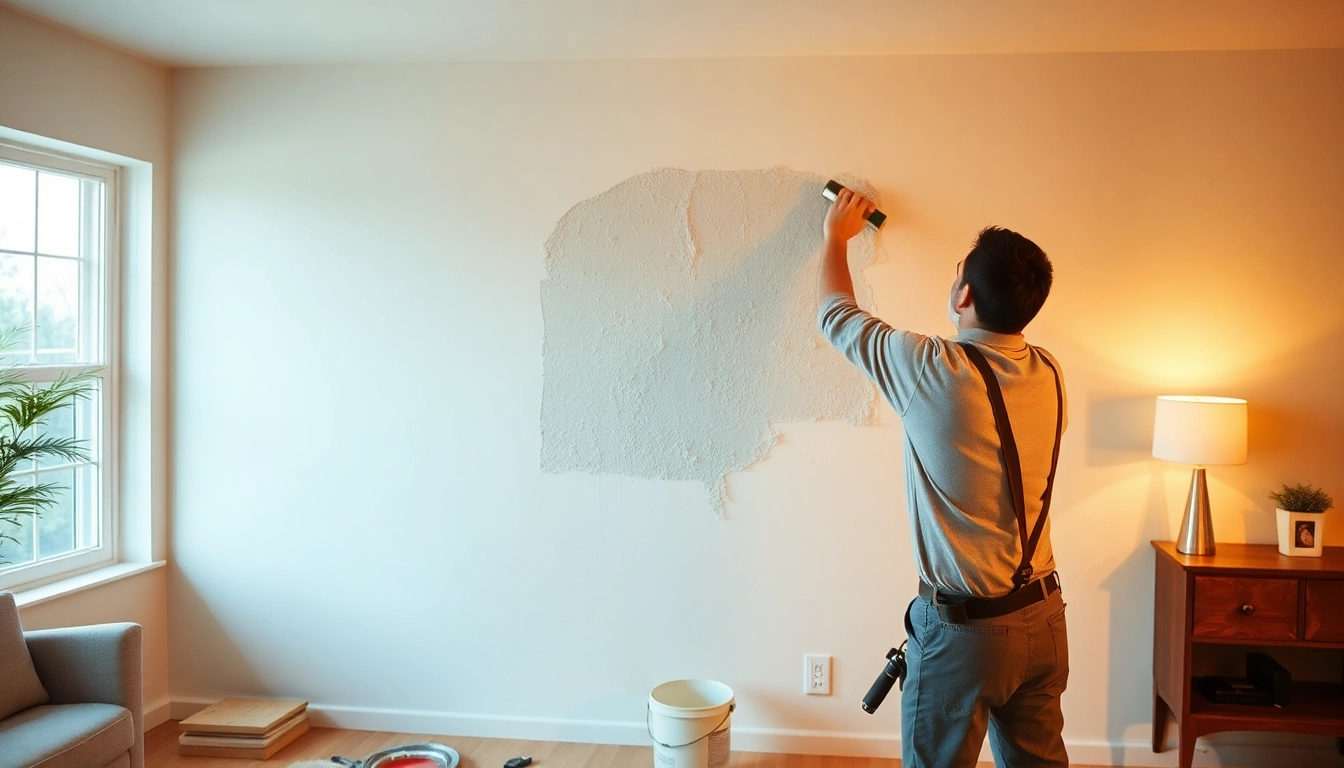 Drywall contractor seamlessly repairing a wall, showcasing expert craftsmanship in a bright space.