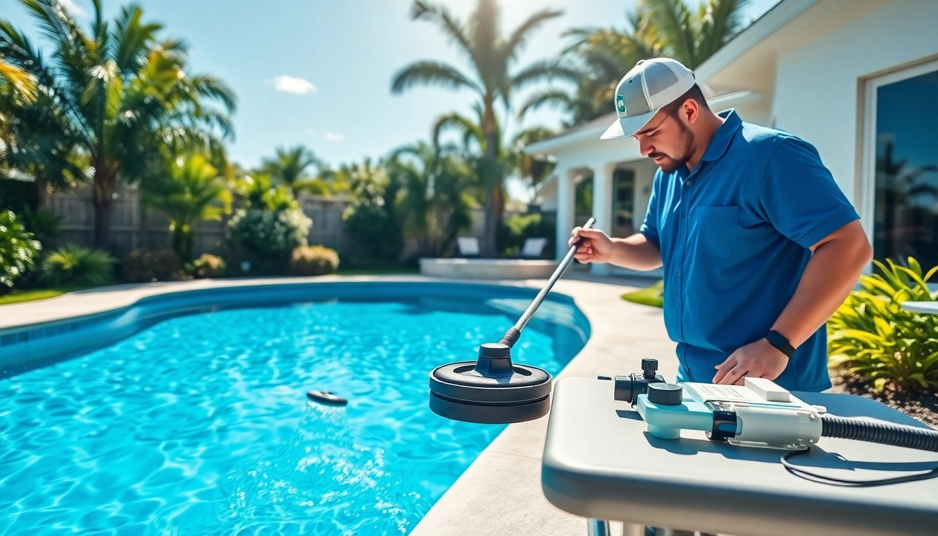 Swimming pool service Pinellas County technician expertly cleaning a pool with bright blue water.