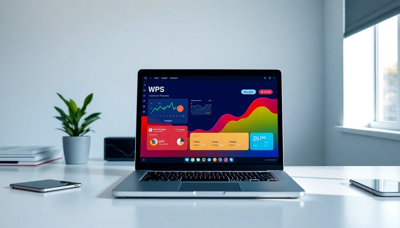 Showcase a laptop using WPS software in a bright, organized workspace promoting productivity.