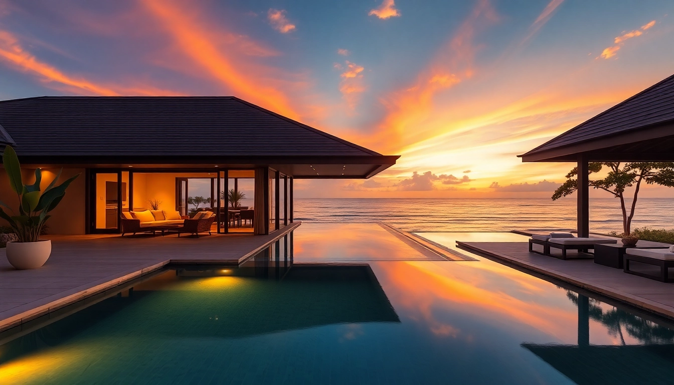 Phuket real estate agent showcasing a stunning luxury villa with sunset backdrop.