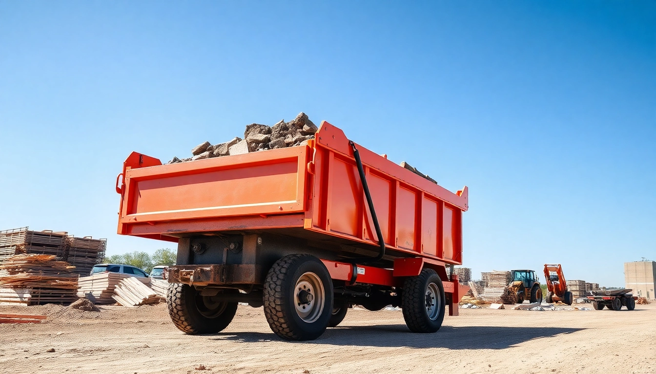 Showcase a dump trailer for sale, emphasizing its rugged design and construction site functionality.