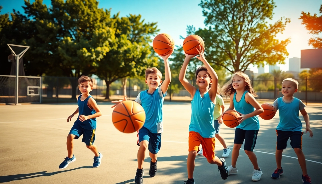 Young basketball enthusiasts dribbling and shooting on an outdoor court, showcasing energetic teamwork.