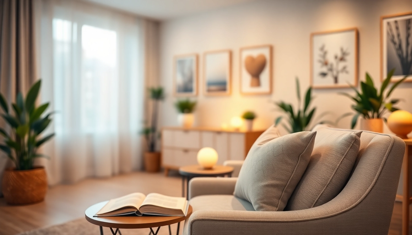 Healing trauma in a peaceful therapist's office with inviting decor and warm lighting.