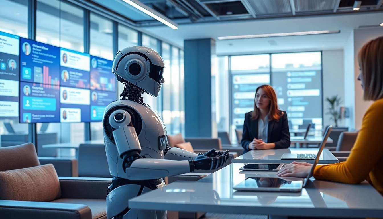 Engaging AI chat bot facilitating conversation in a modern workspace with digital screens.