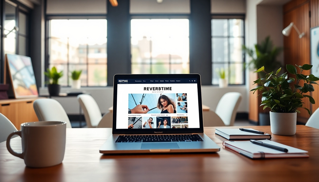 Highlighting Reverbtime Magazine on an open laptop in a vibrant workspace setting.