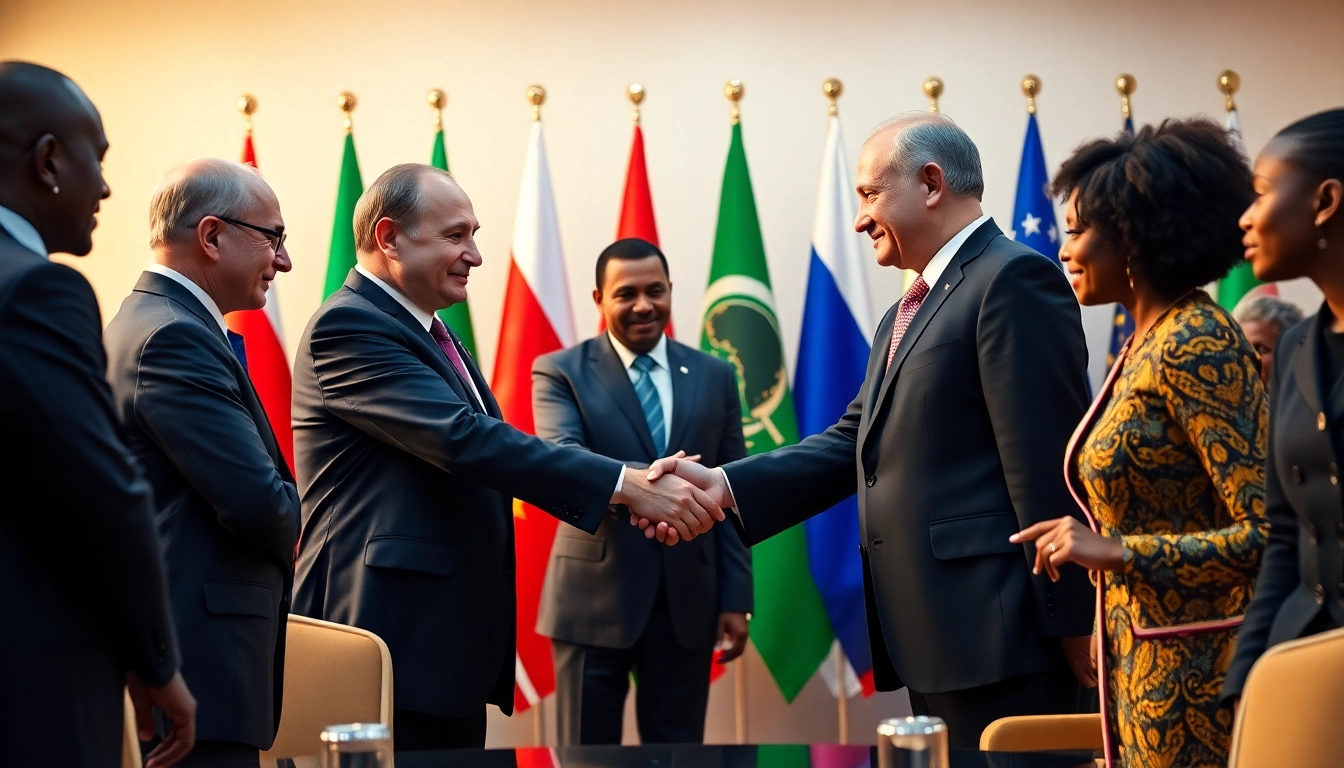 Illustrating Russia Africa relations, Russian and African leaders engage in a diplomatic handshake to strengthen ties.