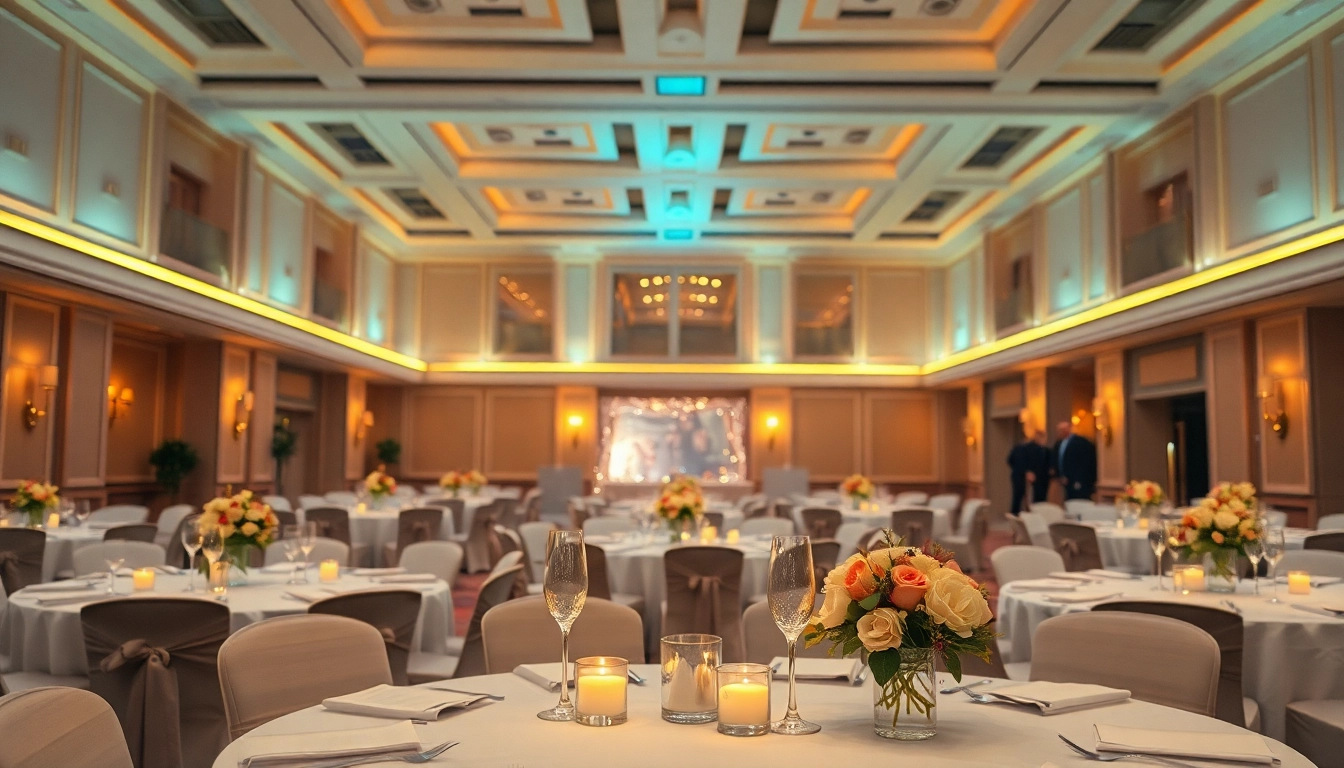Experience the elegance of city venue event center with beautifully set tables for any event.