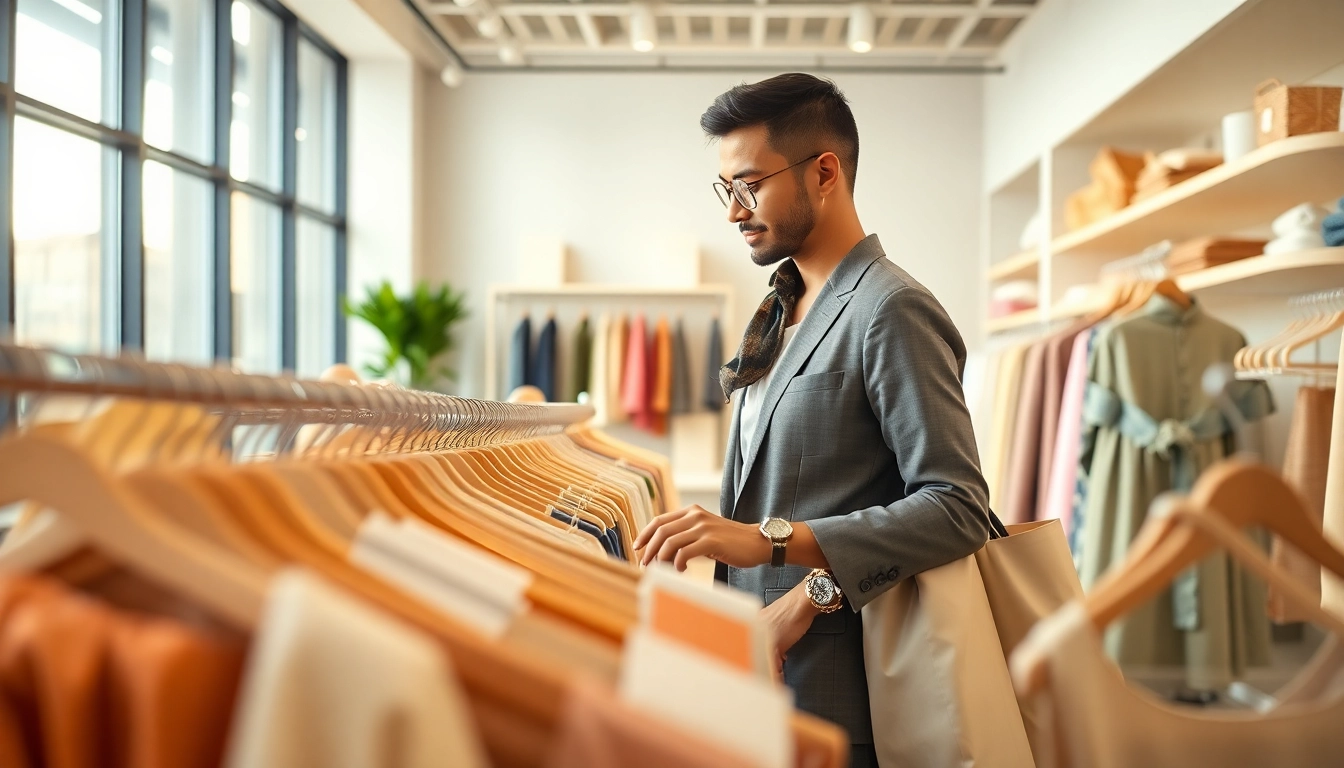 Exploring north fashion reviews while browsing trendy apparel in a modern clothing store.