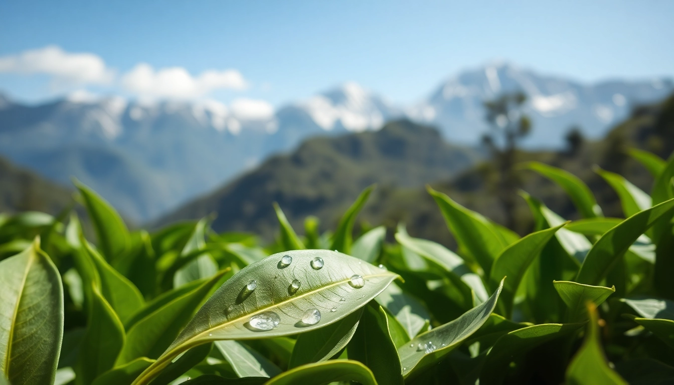 Aromatic Nepali tea leaves freshly picked in a tranquil Himalayan landscape.