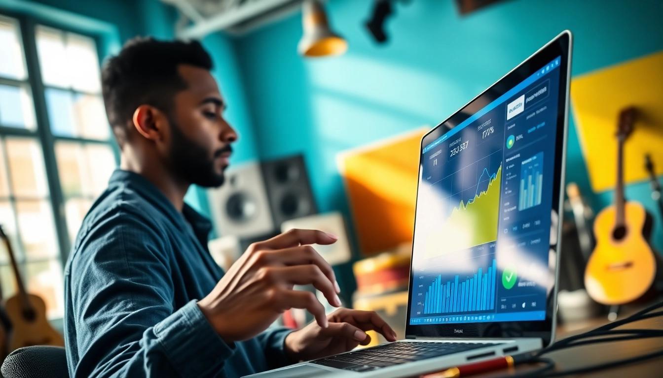 Showcasing music promotion services through an artist engaging with digital tools and metrics.