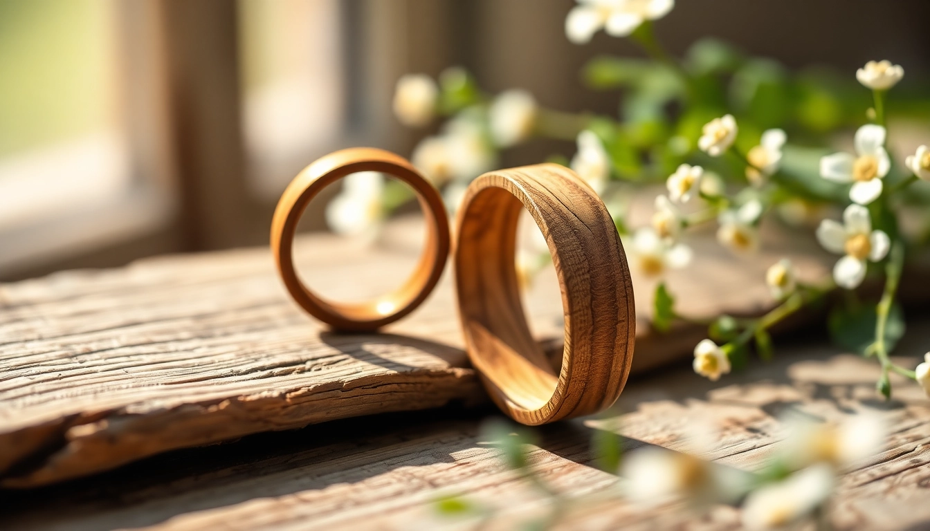 Showcasing unique Wooden Wedding Rings with intricate grain patterns and natural beauty.